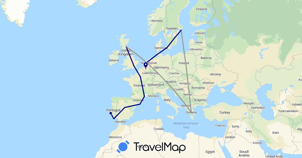 TravelMap itinerary: driving, plane in Belgium, Denmark, Spain, France, United Kingdom, Greece, Netherlands, Portugal, Sweden (Europe)